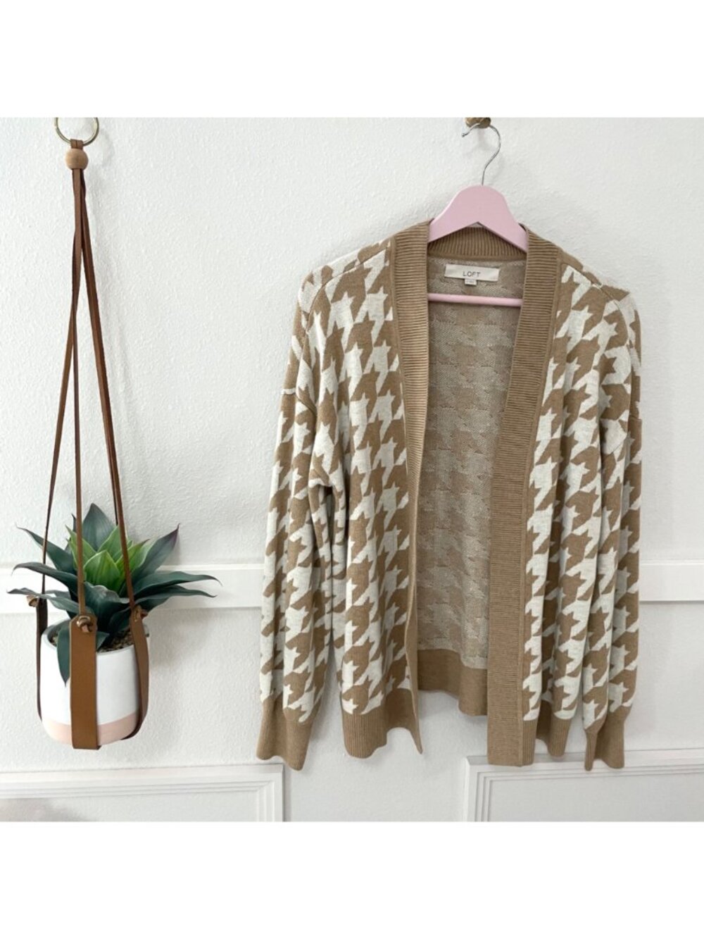 LOFT Tan Open Front Houndstooth Long Sleeve Sweater Size M - Picture 2 of 7